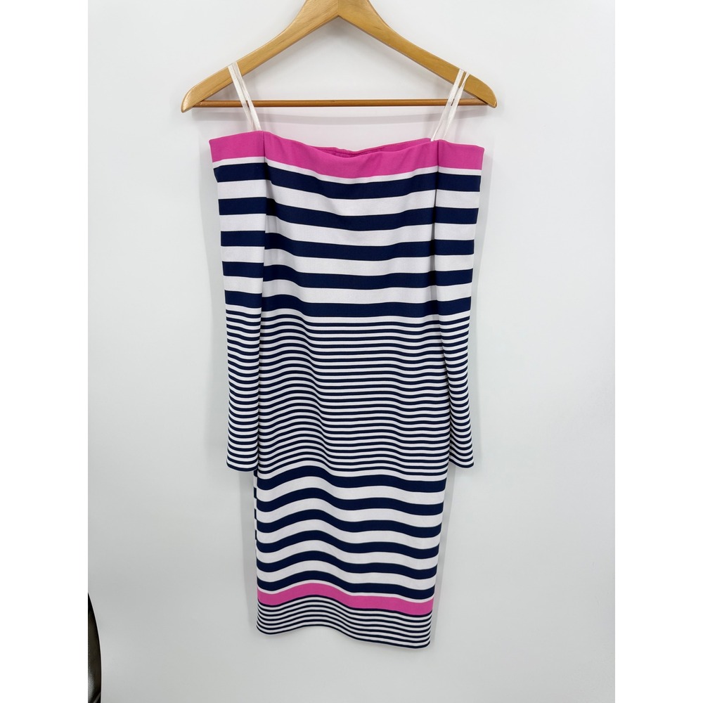 Eliza J Off The Shoulder Sheath Dress Womens 6 Navy‎ White Pink Striped EJ8M8057